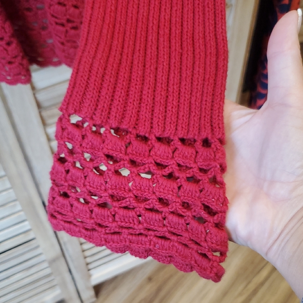Coldwater Creek Open knit crochet boho style Women's Rich Red Cardigan SZ S - Picture 4 of 11